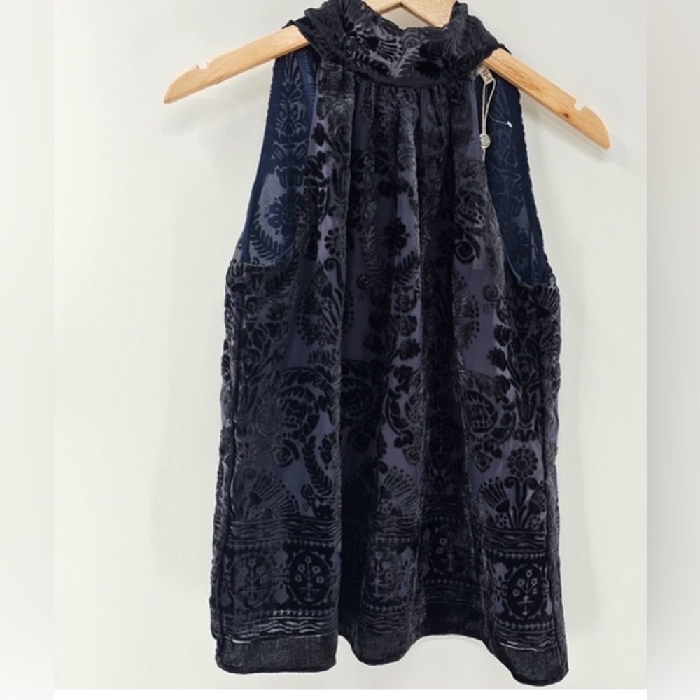 NWT Max Studio Midnight Blue w/Black Velvet Devore Sleeveless Tie Neck Top XL